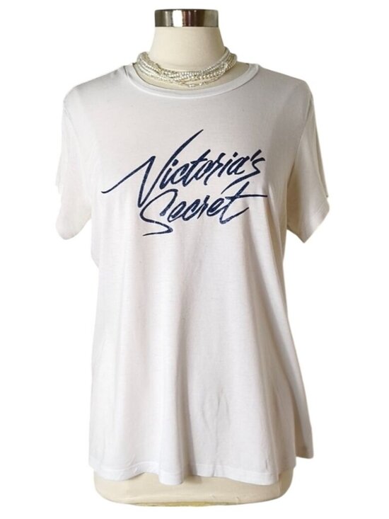 Victoria's Secret Tops - Victorias Secret XL Tee White Blue Glittered Logo Short Sleeve Casual T-Shirt